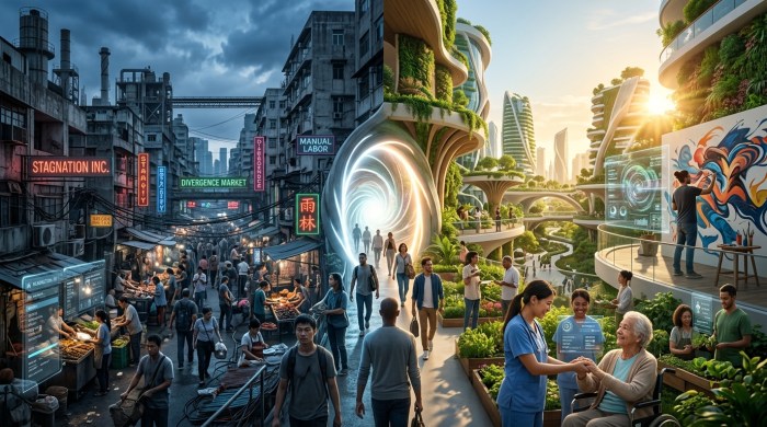 O eclipse do emprego: A grande divergência e o roadmap para a economia da autorrealização 2050